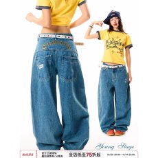 批发设计感刺绣阔腿弯刀裤女早春<b class='q'>新款</b>美式复古高腰宽松显瘦牛仔裤男女