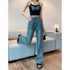 批发复古阔腿牛仔裤女2024<b class='q'>新款</b>高腰宽松显瘦小众设计感直筒拖地裤