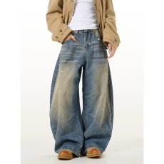 批发<b class='q'>新款</b>美式复古水洗做旧弯刀牛仔裤男女显瘦廓形宽松拖地阔腿休闲裤