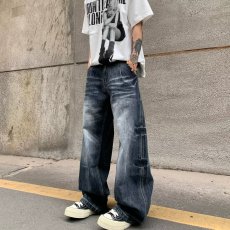 批发春秋新款百搭牛仔裤宽松直筒阔腿弯刀裤男重磅渐变色设计感工<b class='q'>装裤</b>