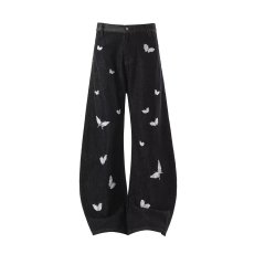 批发蝴蝶刺绣黑色休闲阔腿裤女秋冬2025<b class='q'>新款</b>垂感宽松小个子牛仔直筒裤