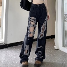 批发高质量乞丐破洞牛仔裤女秋季2025<b class='q'>新款</b>潮高腰显瘦宽松阔腿裤拖地裤