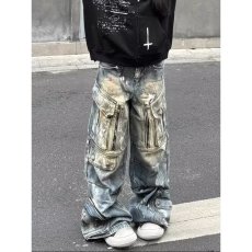 批发美式复古重工涂鸦多口袋工<b class='q'>装</b>牛仔裤<b class='q'>女</b>街头风宽松直筒阔腿长裤