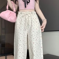 批发夏季<b class='q'>新款</b>韩系风碎花休闲直筒长裤女甜美小清新百搭高腰阔腿裤子潮