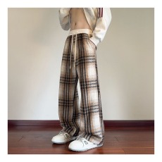 批发毛呢格子裤女秋冬加绒2025<b class='q'>新款</b>直筒休闲高腰宽松加厚慵懒拖地裤