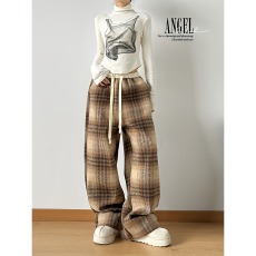 批发毛呢格子裤女秋冬加绒2025<b class='q'>新款</b>直筒休闲高腰宽松加厚慵懒拖地裤