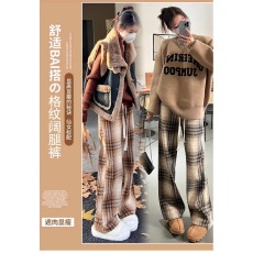 批发毛呢格子裤女秋冬加绒2025<b class='q'>新款</b>直筒休闲高腰宽松加厚慵懒拖地裤