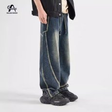 批发春秋新款百搭牛仔裤宽松直筒阔腿弯刀裤男重磅渐变色多口袋工<b class='q'>装裤</b>