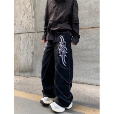 批发美式高街小众设计刺绣明线牛仔裤男女款宽松休闲<b class='q'>街头</b>直筒长裤潮牌