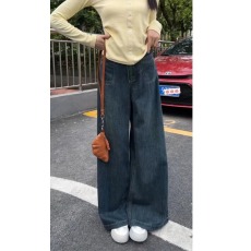 批发休闲百搭显瘦设计感气质洋气大码胖mm高腰美式牛仔<b class='q'>裤</b>女<b class='q'>韩版</b>阔腿<b class='q'>裤</b>