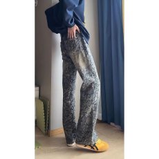 批发2025<b class='q'>夏</b>季新款麻料阔腿裤女印花时尚百搭休闲裤松紧腰直筒拖地裤女