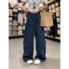 批发复古工<b class='q'>装</b>牛仔裤<b class='q'>女</b>秋冬新款美式高腰垂感直筒宽松梨形遮胯显瘦裤子