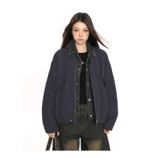 批发2025年秋季新款美式纯色巴恩风假俩件翻领宽松休闲藏青<b class='q'>夹克</b>外套<b class='q'>男</b>