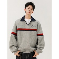 批发美式条纹撞色运动风卫衣<b class='q'>男</b>潮牌秋季宽松设计感百搭痞帅polo领上衣