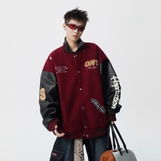 批发美式复古编织贴布夹克男秋季国潮情侣棒球服潮牌拼接撞色<b class='q'>外套</b>