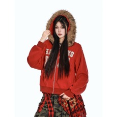 批发0818很秀美式红色连帽字母可拆卸毛领卫衣女秋季宽松街头拉链外套