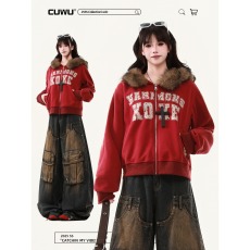 批发cuwu街头毛领字母印花连帽卫衣女男秋季慵懒显瘦拉链开衫短款外套