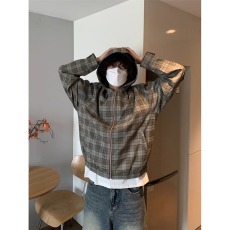 批发春秋复古氛围感美式格纹连帽夹克男<b class='q'>外套</b>宽松休闲格子潮牌上衣女