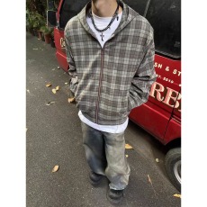 批发春秋复古氛围感美式格纹连帽夹克男<b class='q'>外套</b>宽松休闲格子潮牌上衣女