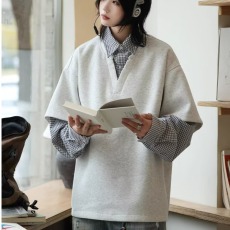 批发2025新款复古学院风假两件<b class='q'>衬衫</b>男女春季潮牌宽松情侣长袖卫衣外套