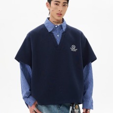 批发2025复古学院风假两件<b class='q'>衬衫</b>男春季潮牌宽松2025时尚长袖卫衣外套