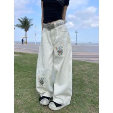 批发文艺大码国风毛边牛仔直筒裤休闲拖地裤白色棉质浅色<b class='q'>长裤</b>子牛子裤