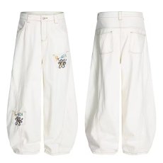 批发慵懒简约白色卡通小狗刺绣牛仔裤<b class='q'>女</b>新款宽松直筒裤子百搭休闲<b class='q'>长裤</b>