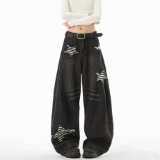 批发美式复古星星贴布牛仔裤男<b class='q'>女</b>2025秋冬季新款直筒阔腿<b class='q'>长裤</b>子