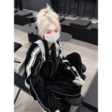 批发2023秋季痞帅高级感金丝绒拼色条纹卫衣两件套情侣<b class='q'>休闲</b>运动套装<b class='q'>男</b>