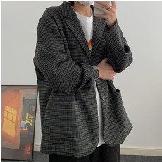 批发高级感帅气格纹西装<b class='q'>外套</b><b class='q'>男</b>款春秋潮小众设计感<b class='q'>休闲</b>格子西服