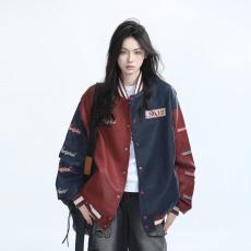 批发美式复古潮牌刺绣拼接撞色夹克<b class='q'>外套</b>男女设计感<b class='q'>棒球</b>服皮衣