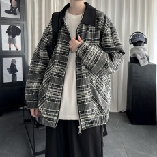 批发格子撞色翻领<b class='q'>外套</b><b class='q'>男</b>士2024春秋季新款美式复古青少年宽松<b class='q'>休闲</b>夹克