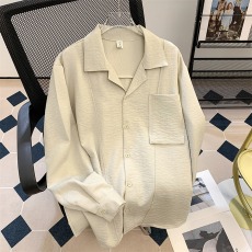 批发秋季韩系宽松古巴领<b class='q'>长袖</b><b class='q'>衬衫</b><b class='q'>男士</b>轻奢纯色上衣高级感免烫冰感<b class='q'>衬衣</b>