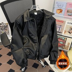 批发复古cleanfit<b class='q'>短款</b>垫肩<b class='q'>皮衣</b>外套男加厚夹棉高级感休闲宽松皮夹克