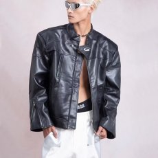 批发2024新款小众高级感立领机车<b class='q'>皮衣</b>男宽松<b class='q'>短款</b>垫肩夹克外套潮流外穿