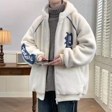 批发羊羔绒毛巾绣外套男士秋冬季连帽保暖棉袄潮流宽松男装棉衣新款