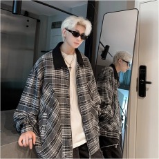 批发秋冬季黑白纹翻领夹克男款日系复古风街头休闲百搭拉链外套上衣