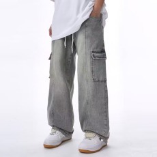 批发美式复古黄泥染<b class='q'>裤子</b><b class='q'>男</b>士侧边拉链ins高街直筒修身牛仔裤