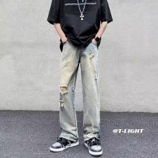 批发美式街头水洗做旧破洞牛仔裤男<b class='q'>春</b>秋直筒宽松欧美高街vibe风长裤子