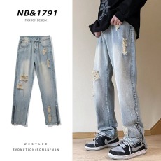 批发美式街头水洗做旧破洞牛仔裤男<b class='q'>春</b>秋直筒宽松欧美高街vibe风长裤子