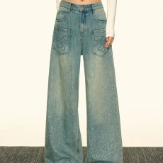 批发渐变色阔腿牛仔裤女<b class='q'>春</b>秋2025年新款高腰设计感烫钻宽松拖地裤子女