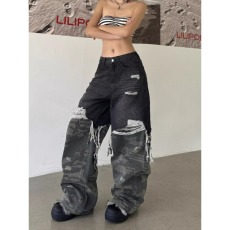 批发重磅设计感小众迷彩拼接毛边牛仔裤男女宽松显瘦直筒破洞阔腿长裤