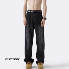 批发黑色做旧牛仔裤<b class='q'>男</b>款夏季潮牌宽松百搭直筒裤vibe高街破洞阔腿<b class='q'>裤子</b>