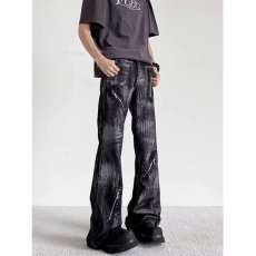 批发美式复古小众设计感嘻哈<b class='q'>牛仔裤</b>男潮牌高街水洗扎染拉链微喇长裤子