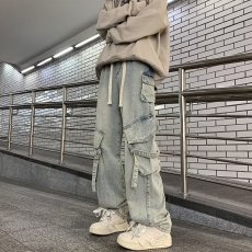 批发美式街头hiphop工装<b class='q'>牛仔裤</b>男款秋季潮牌做旧设计感宽松百搭直筒裤