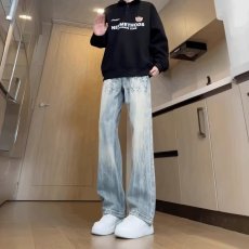 批发长裤潮流青少年闪电纹设计感水洗<b class='q'>牛仔裤</b>男直筒裤中腰微弹潮春秋季