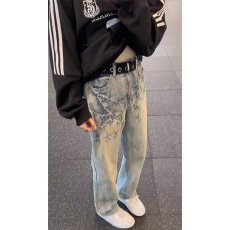 批发美式复古闪电裂纹vibe风<b class='q'>牛仔裤</b>男潮牌痞帅设计感男款显瘦直筒裤子