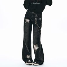 批发美式复古星星兔子高腰<b class='q'>牛仔裤</b><b class='q'>女</b>直筒宽松设计感微喇阔腿<b class='q'>裤</b>