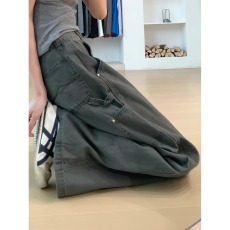 批发145小个子款美式军绿色直筒工装牛仔<b class='q'>裤</b>女宽松显瘦高腰休闲阔腿<b class='q'>裤</b>