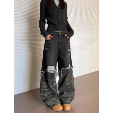 批发巴黎风格高街做旧破坏拼接潮牌迷彩<b class='q'>牛仔裤</b>baggy宽松直筒阔腿长裤